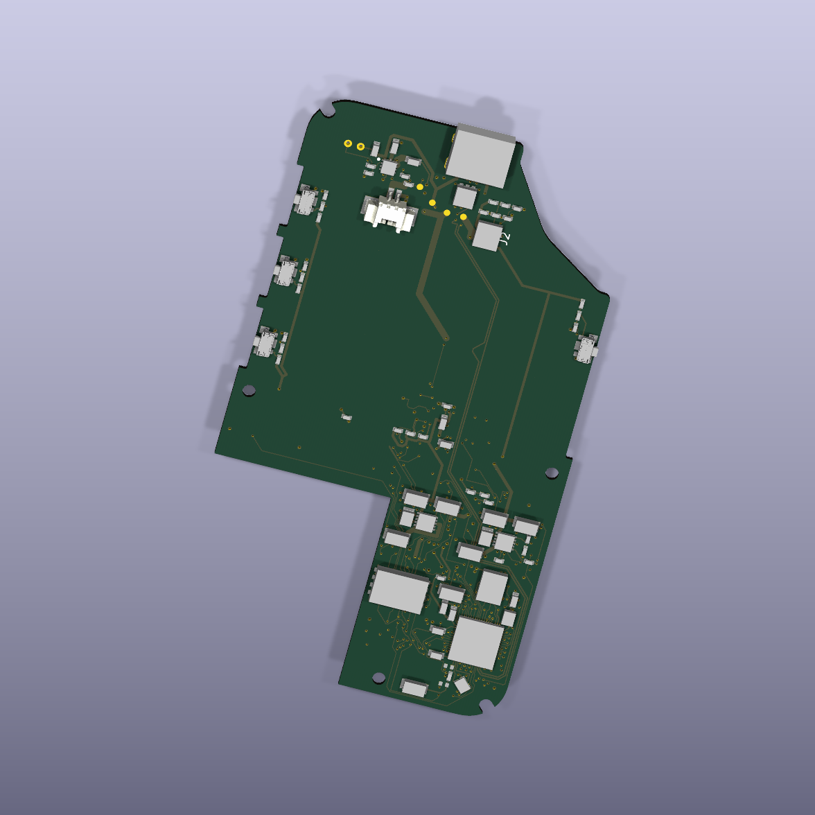 Rev A main PCB rendered from its KiCad design