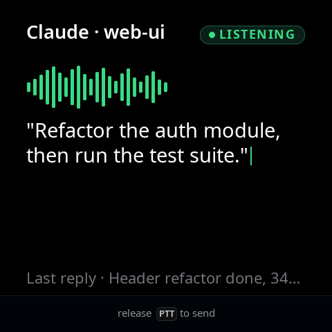 The LISTENING overlay with a waveform and a transcript typing in