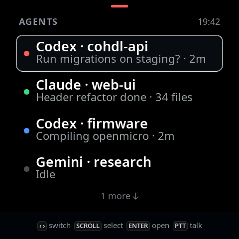 The Agents roster: four agents with coloured state dots, the first one asking a question